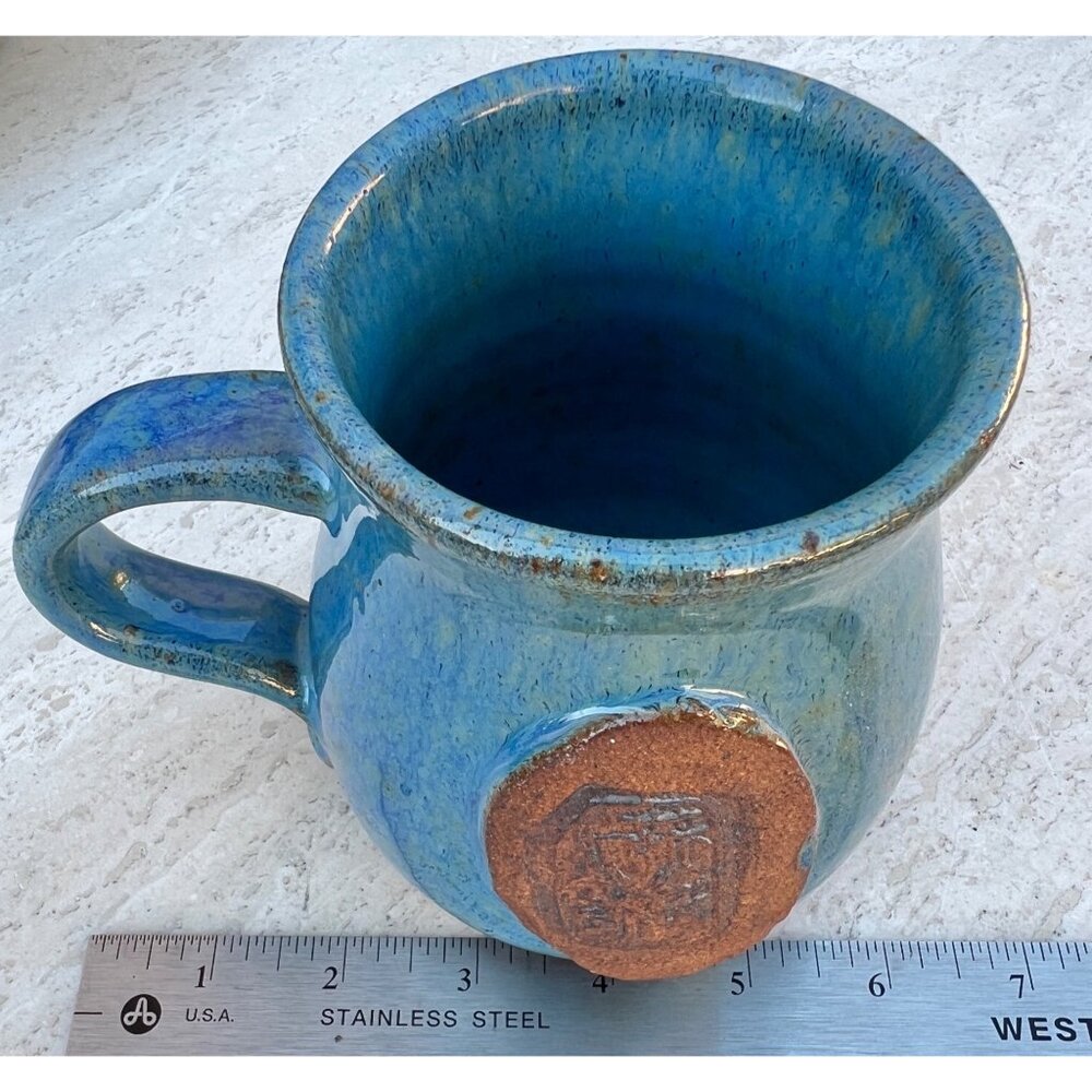 Signed Ceramic Mug Handmade Blue Glaze Stamped Front Detail 6x5x4.5 Coffee Tea - Picture 5 of 8